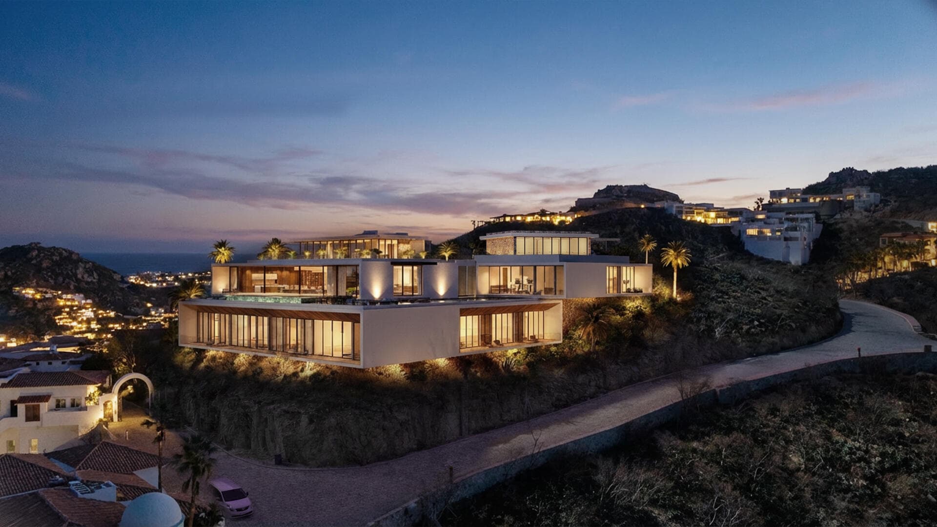 Villa del León twilight elevation from the Pedregal road, Cabo San Lucas