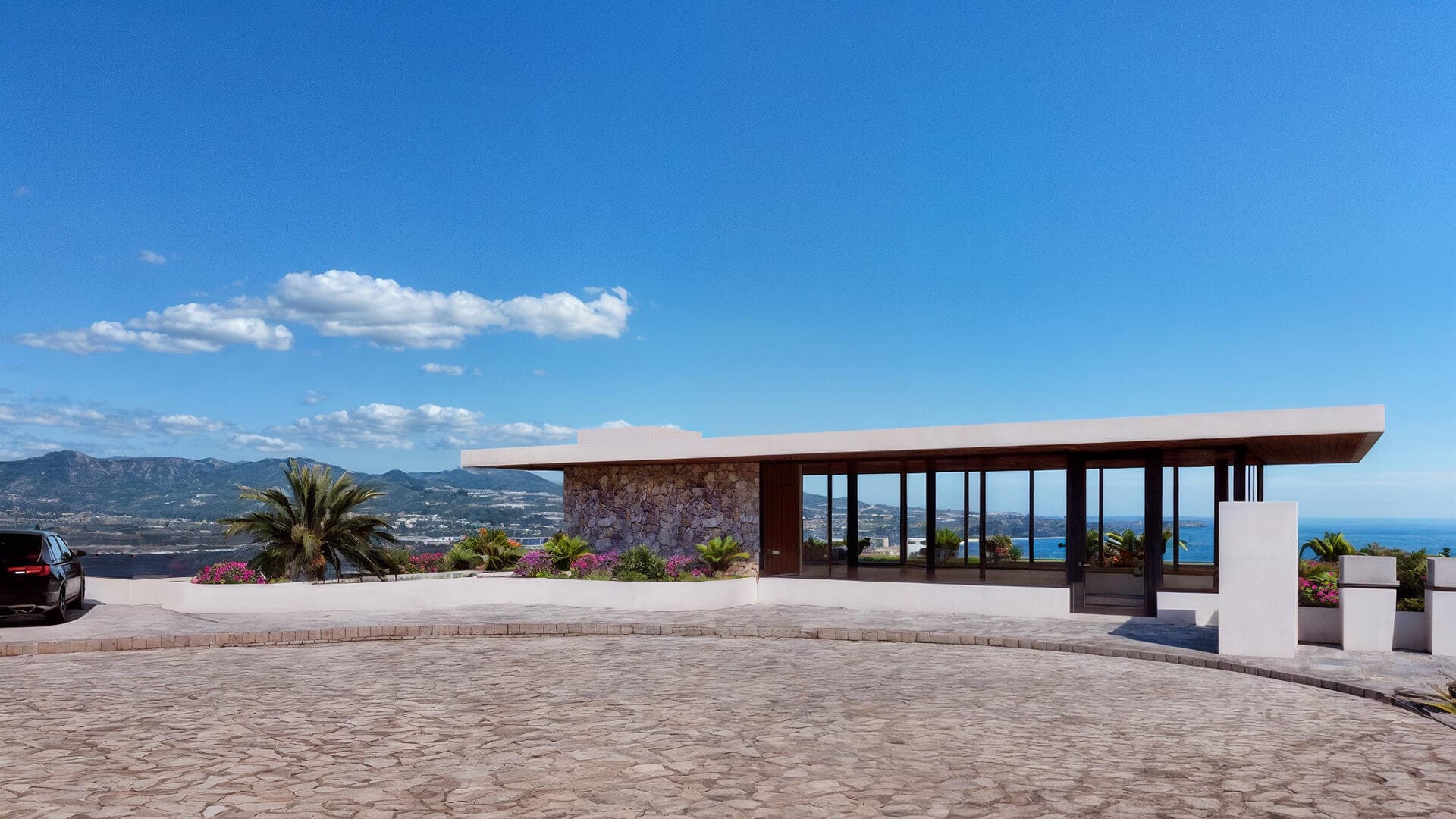 Villa del León daytime entrance pavilion in Pedregal with ocean and mountain views