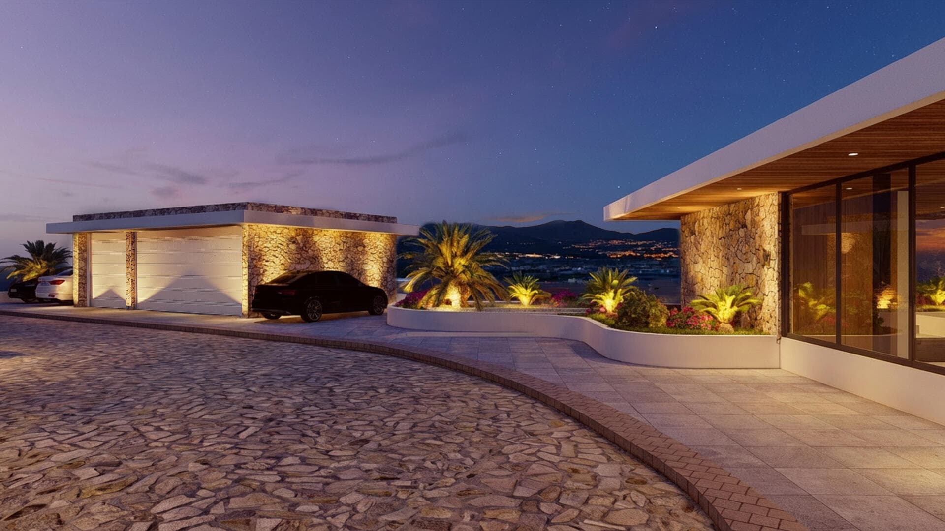 Villa del León twilight motor court in Pedregal, Cabo — stone walls and garage