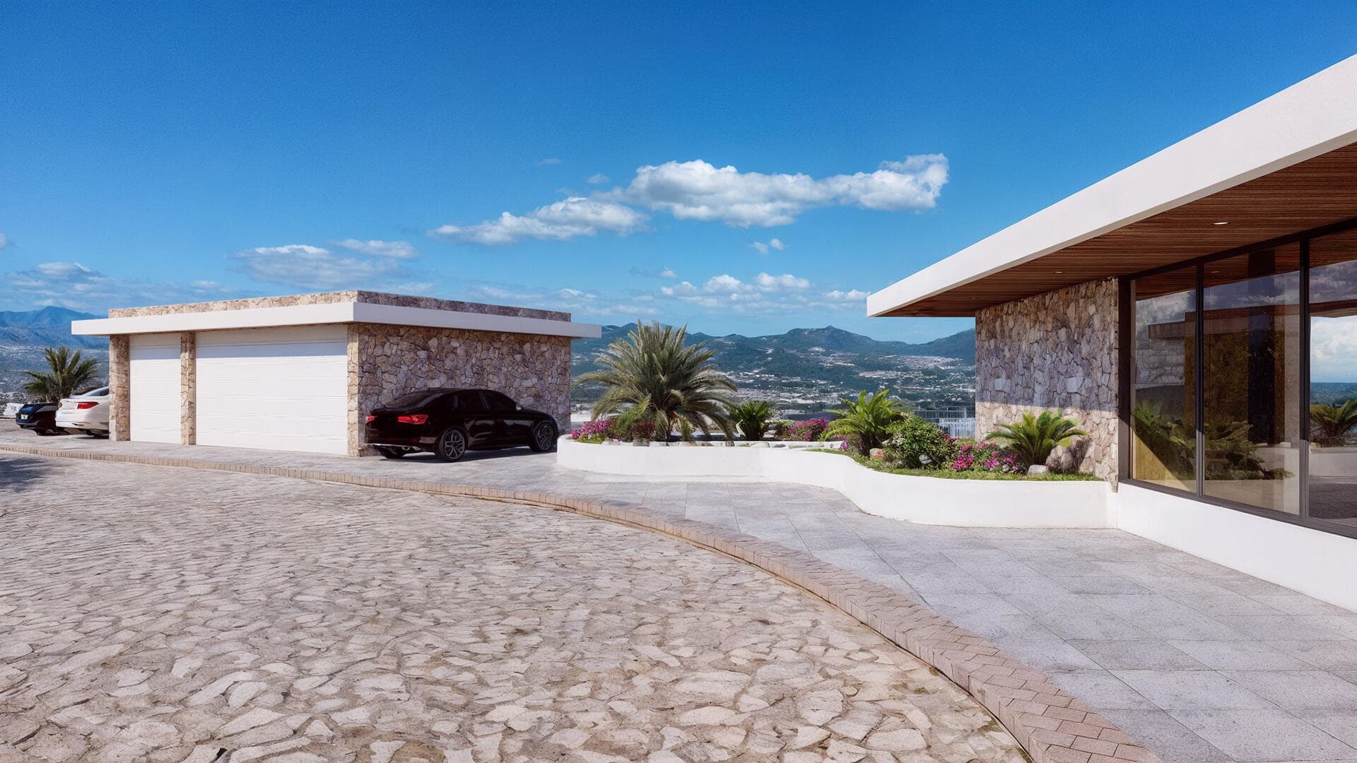 Villa del León daytime motor court and stacked-stone garage, Pedregal, Cabo