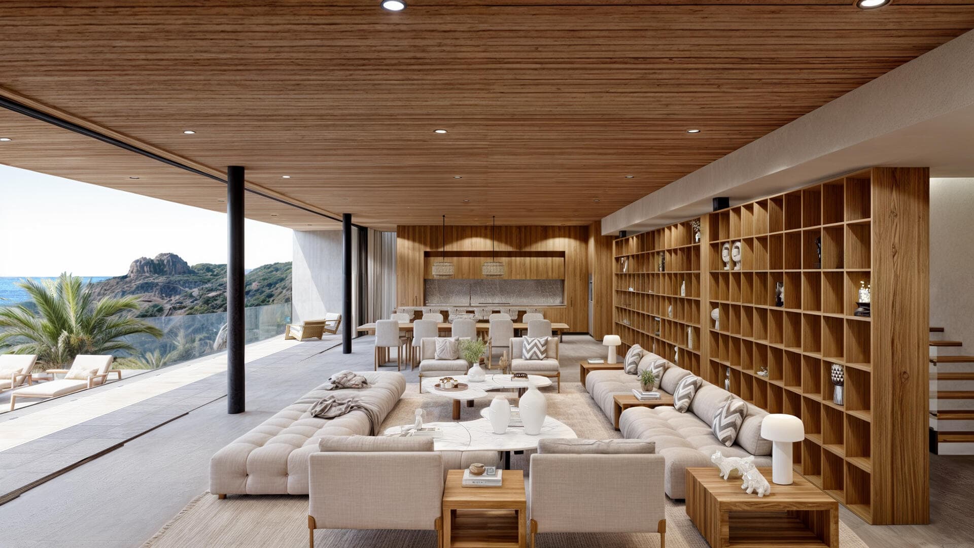 Villa del León living room in Pedregal opening onto the terrace and Cabo ocean
