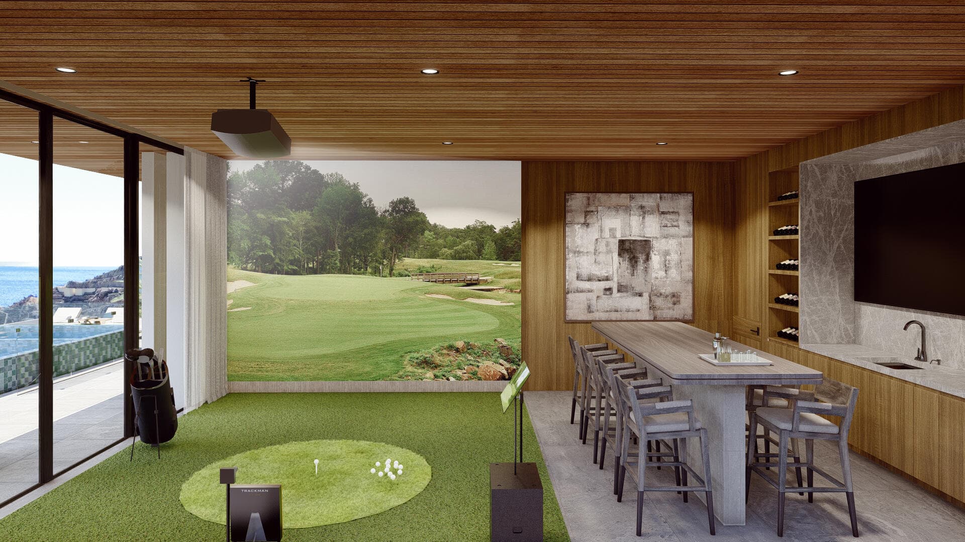 Villa del León golf simulator and bar opening toward the Pedregal pool and sea