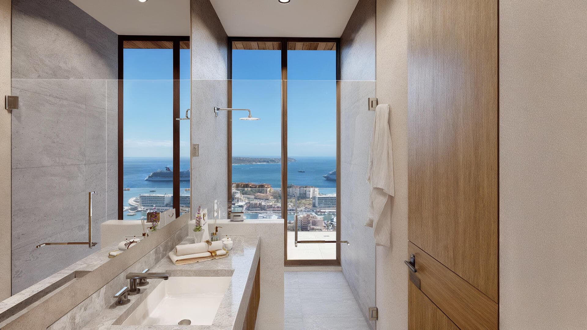 Villa del León bathroom in Pedregal with a view of the Cabo marina