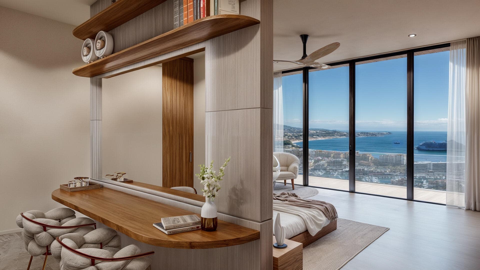 Villa del León primary suite in Pedregal with vanity and panoramic Cabo coastline