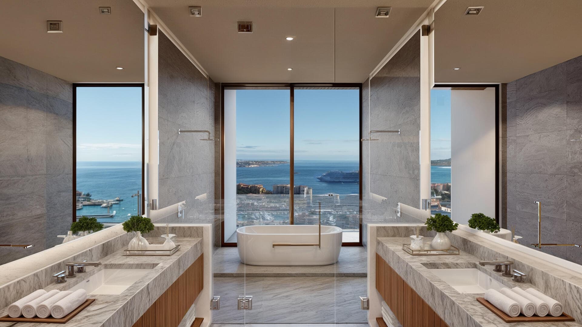 Villa del León primary bath in Pedregal with soaking tub facing the Cabo marina