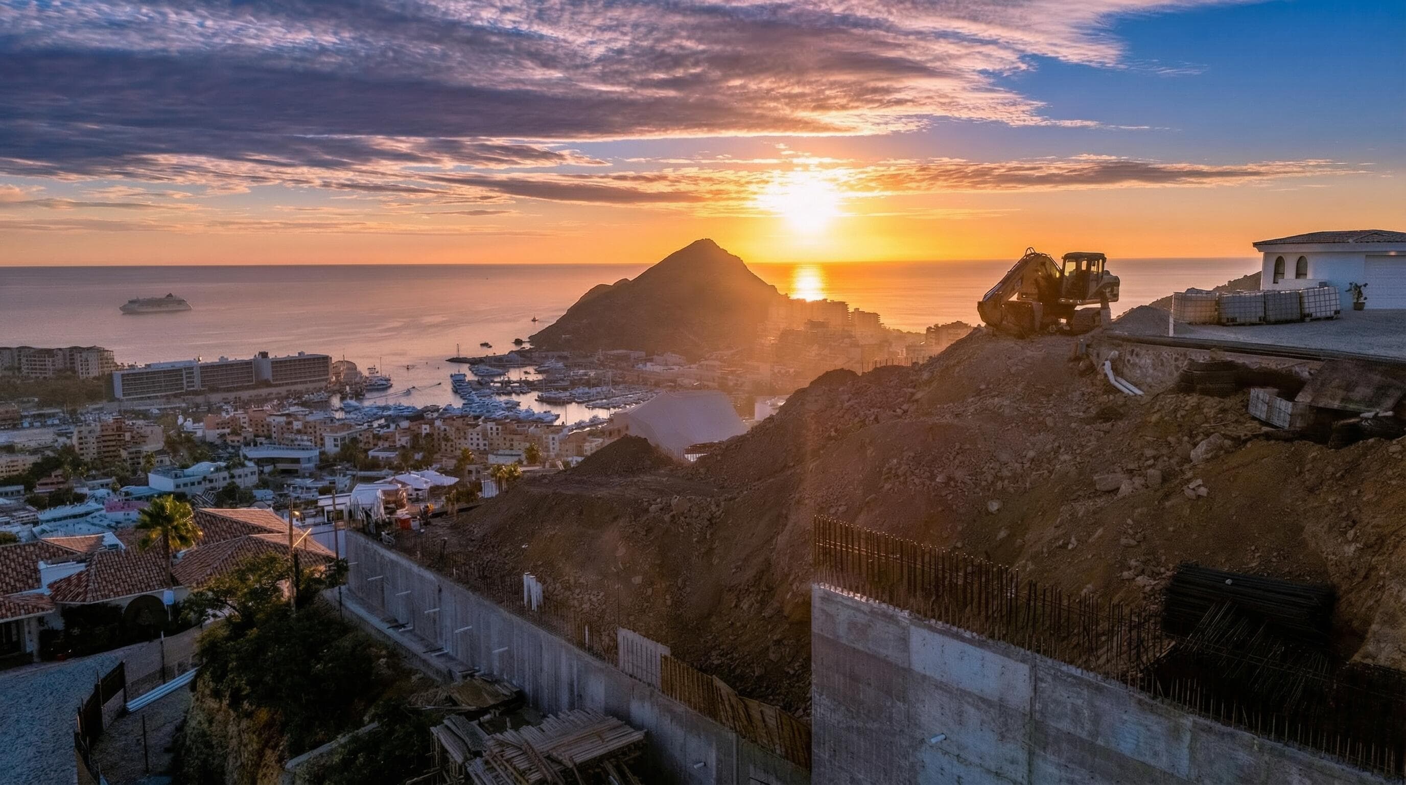 Sunset from the Villa del León lot in Pedregal: Cabo marina, Land's End, and construction