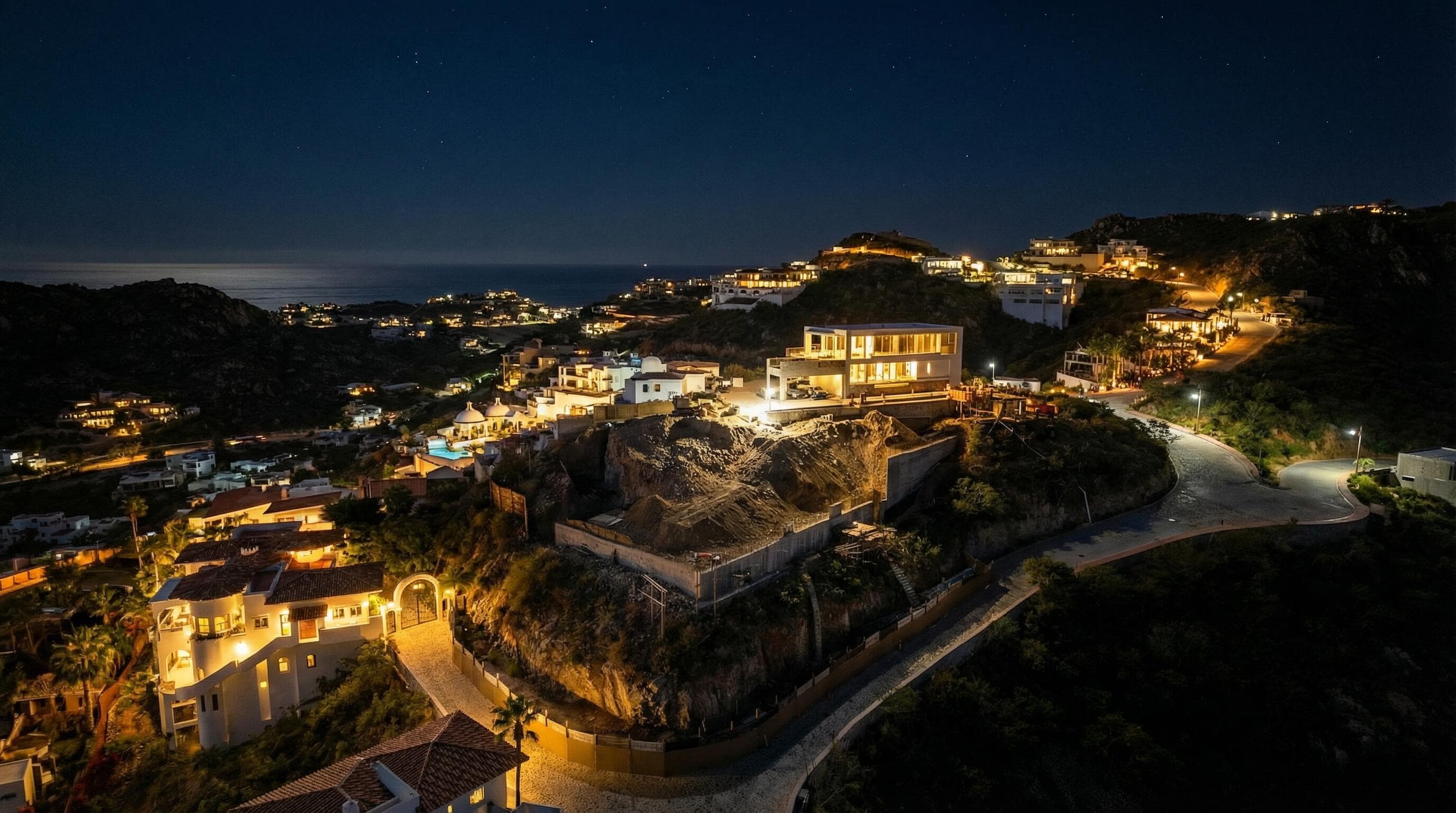 Night construction floodlights on the excavated Villa del León lot in Pedregal, Cabo