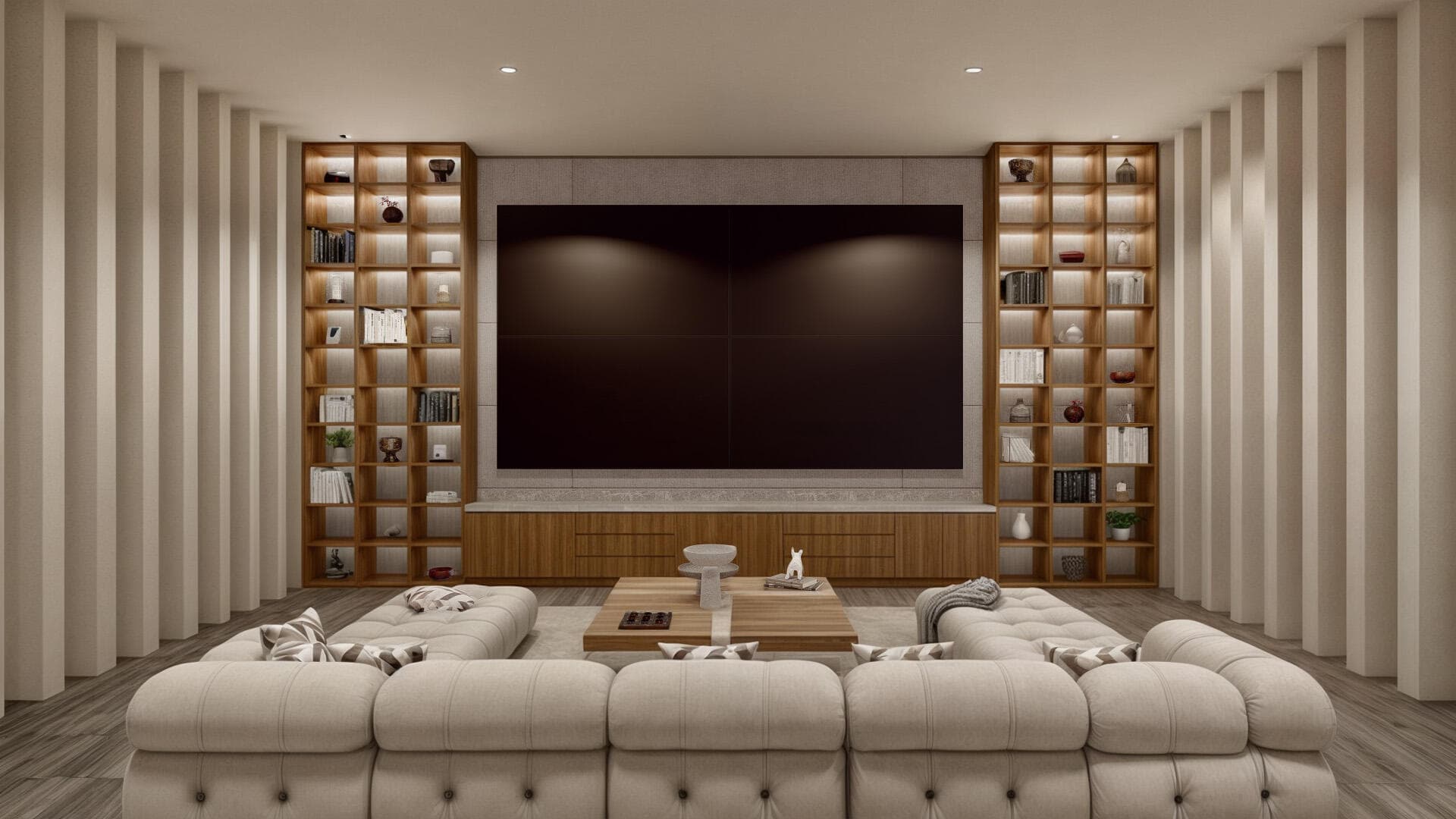 Villa del León media room in Pedregal facing a large screen and bookshelves