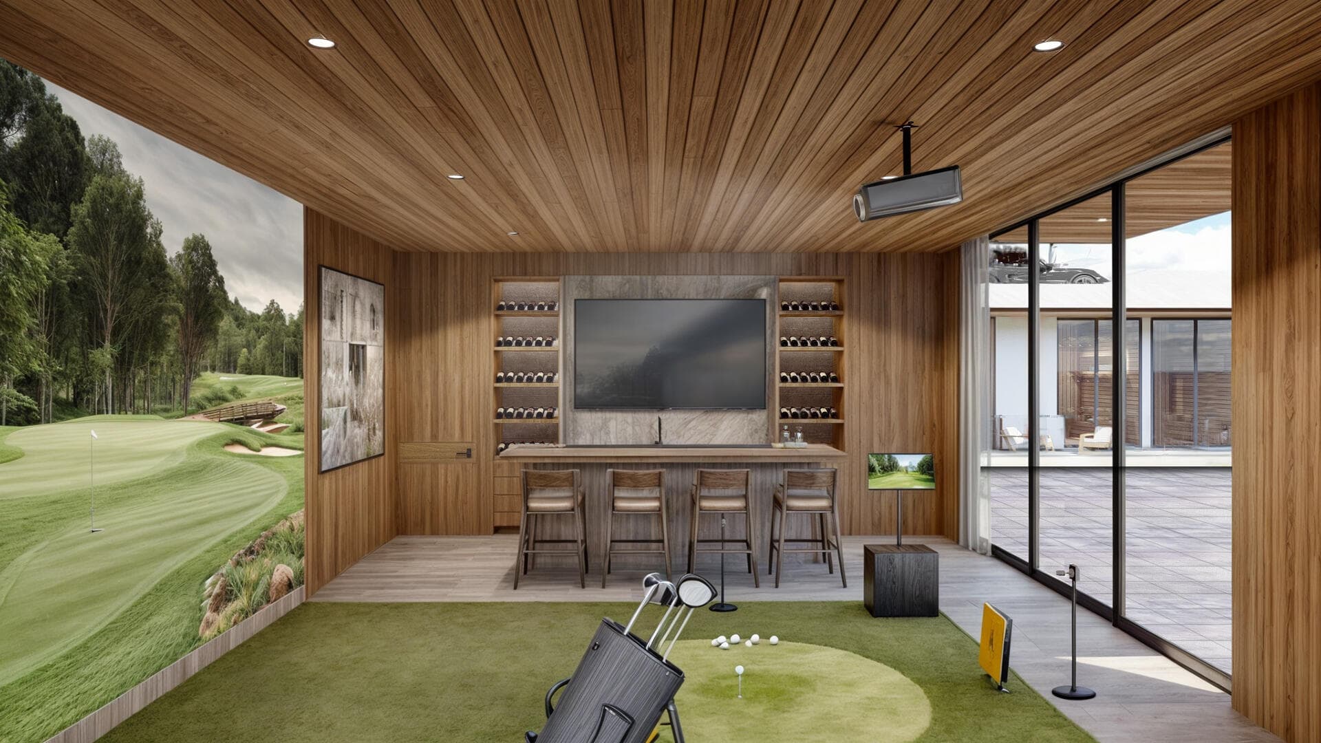 Villa del León golf simulator in Pedregal, Cabo, with bar and wine storage