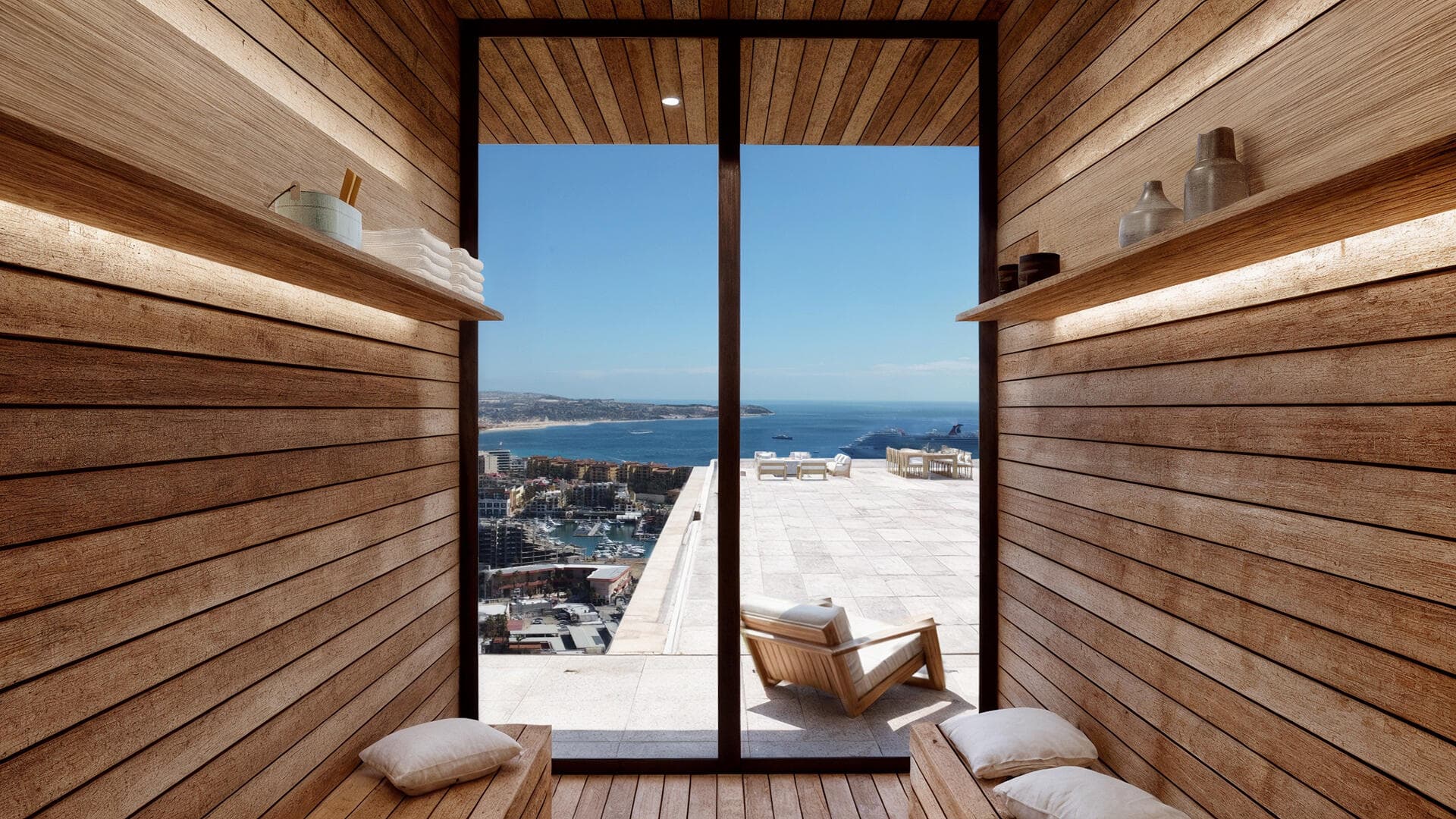Villa del León sauna in Pedregal looking out to the terrace and Cabo marina